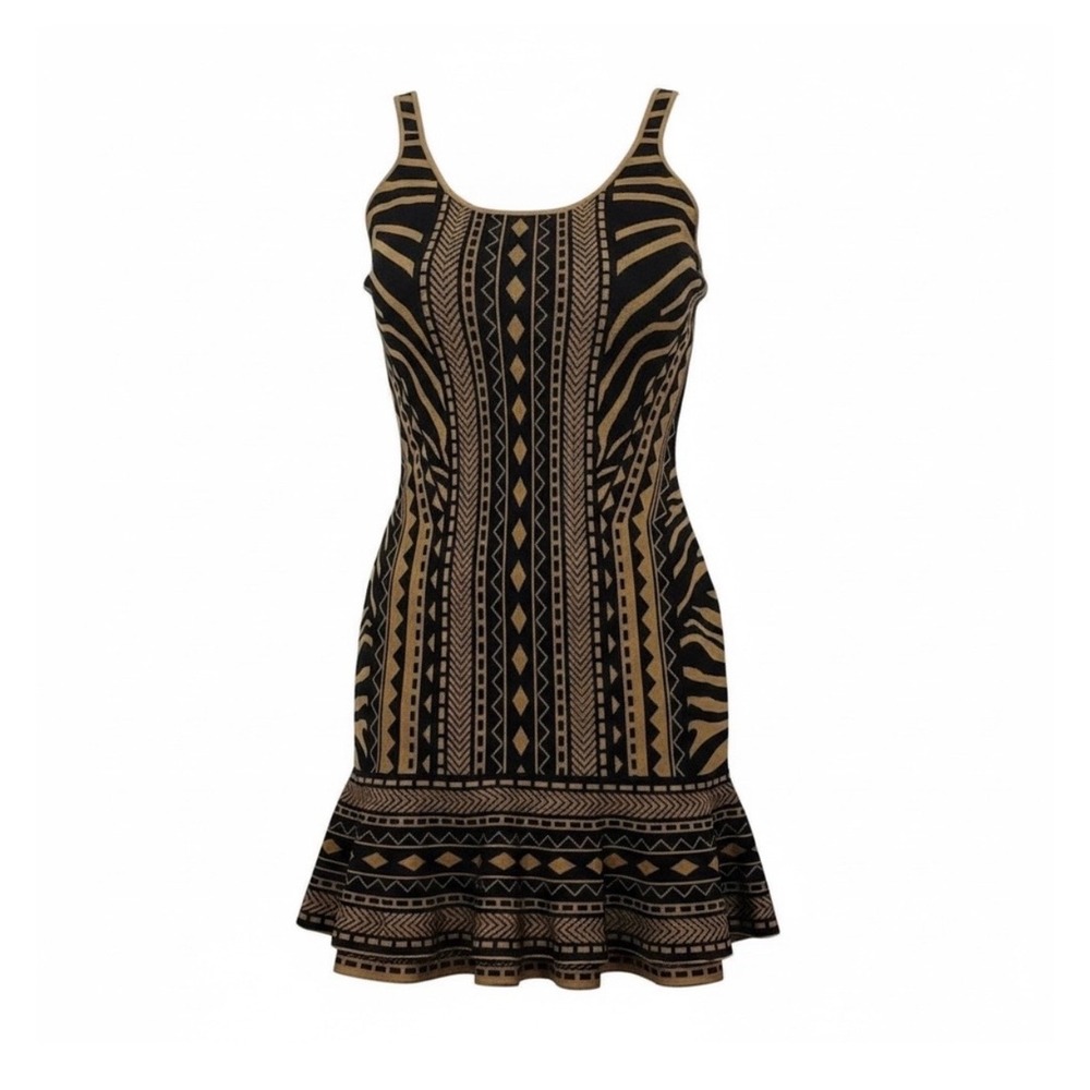 Torn by Ronny Kobo Dress Womens L Black Gold Geometric Bandage Flounce Mini